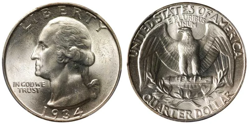 1934 Washington quarter obverse and reverse showing George Washington portrait and eagle design