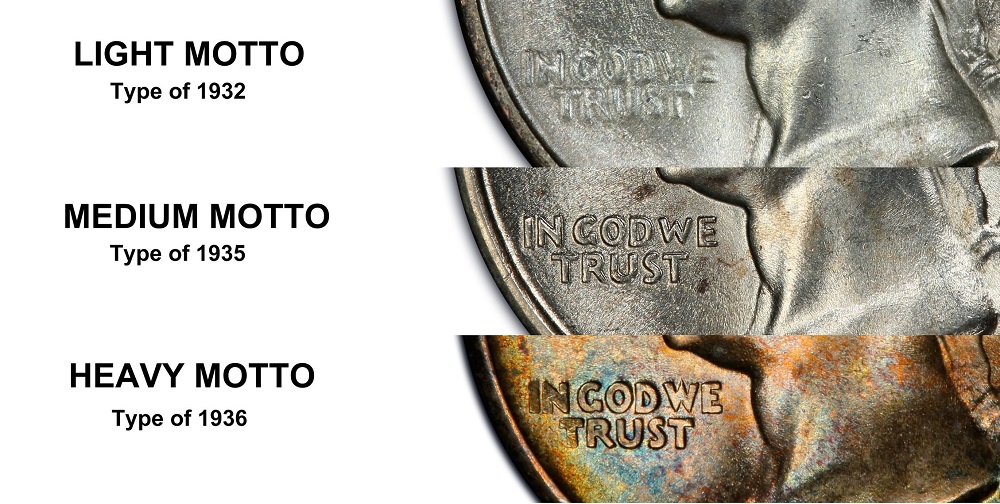 Side-by-side comparison of 1934 Light Motto vs Medium Motto Washington quarter motto lettering depth