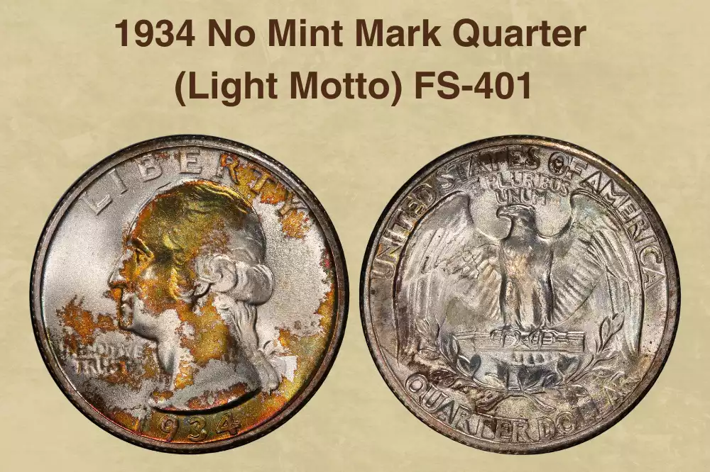 1934 Washington quarter Light Motto FS-401 close-up showing ghost-like weak IN GOD WE TRUST lettering