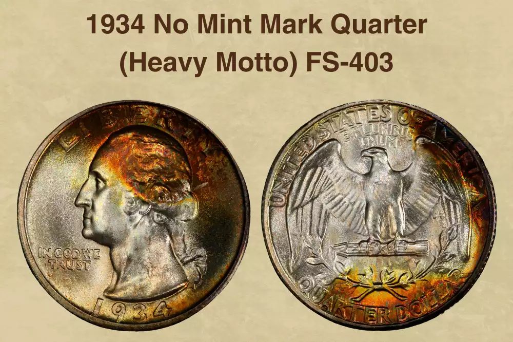 1934 Washington quarter Heavy Motto FS-403 close-up showing thick lettering and W center peak above outer strokes