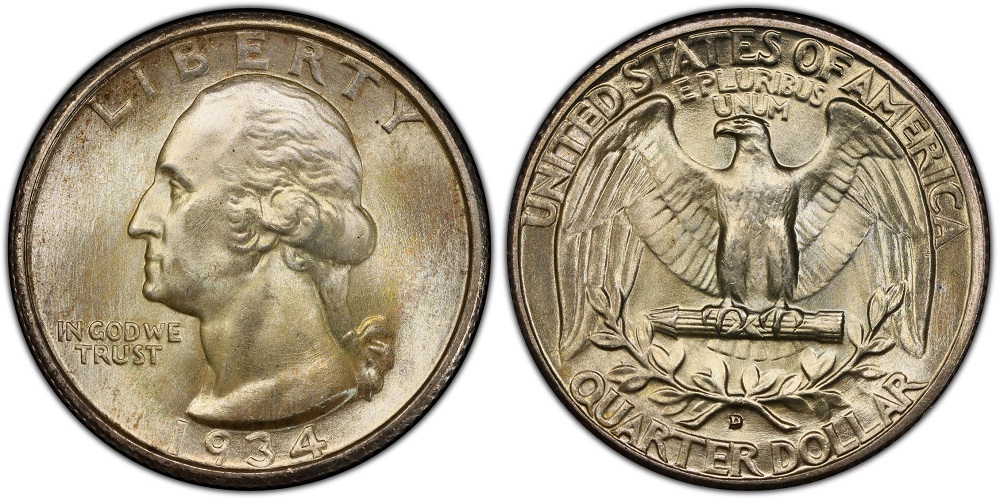 1934-D Washington quarter reverse showing D mintmark location below eagle near ribbon bow