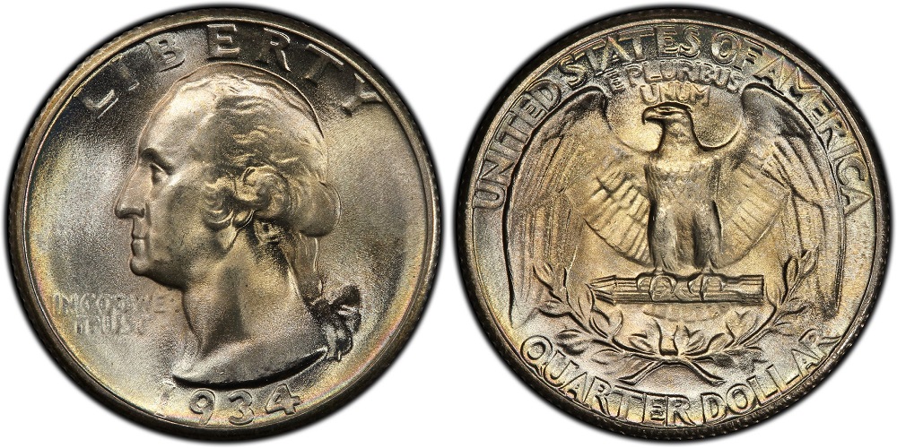 1934 Washington quarter grading strip showing four condition tiers from worn to gem uncirculated